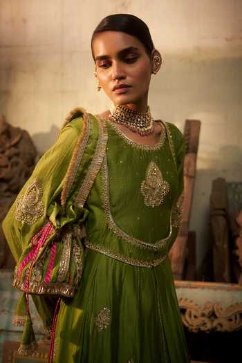 Shop_Hirika & Dhruti_Green Chanderi, Silk Zari Round Neck Nooree Hand Work Anarkali And Long Jacket Set _Online_at_Aza_Fashions