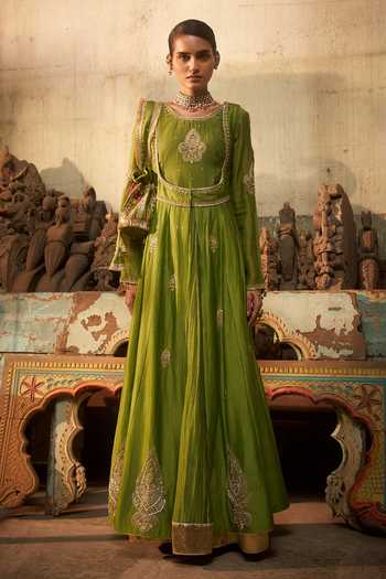 Hirika & Dhruti_Green Chanderi, Silk Zari Round Neck Nooree Hand Work Anarkali And Long Jacket Set _at_Aza_Fashions