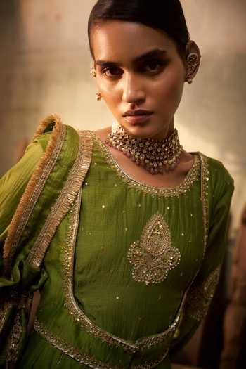 Buy_Hirika & Dhruti_Green Chanderi, Silk Zari Round Neck Nooree Hand Work Anarkali And Long Jacket Set 