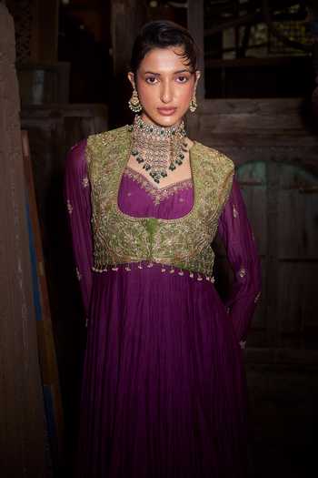 Hirika & Dhruti_Purple Chanderi Embroidery Round Neck Jamli Anarkali And Marodi Work Jacket Set _Online_at_Aza_Fashions