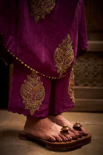 Buy_Hirika & Dhruti_Purple Chanderi Embroidery Round Neck Phul Marodi Butta Kurta Set _Online_at_Aza_Fashions