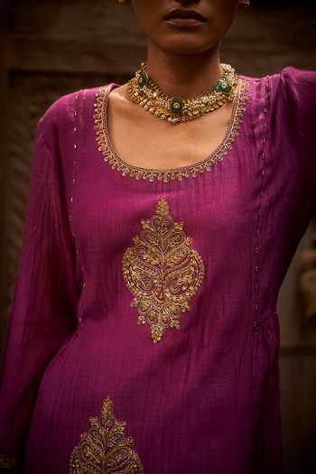 Shop_Hirika & Dhruti_Purple Chanderi Embroidery Round Neck Phul Marodi Butta Kurta Set _Online_at_Aza_Fashions