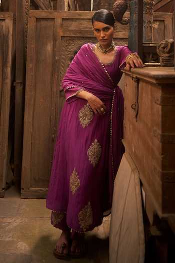 Hirika & Dhruti_Purple Chanderi Embroidery Round Neck Phul Marodi Butta Kurta Set _at_Aza_Fashions