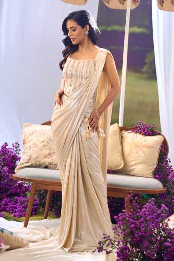 Shop_Aariyana Couture_Ivory Lycra, Net Embroidery, Sequins, Beads Pre-draped Saree With Corset _Online_at_Aza_Fashions