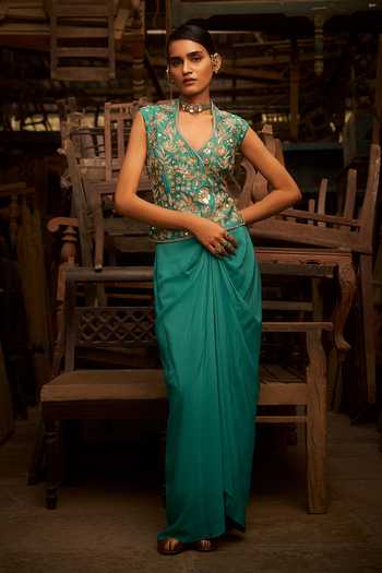 Hirika & Dhruti_Aqua Silk, Chanderi, Crepe Embroidery, Turquoise Jacket And Draped Skirt Set _Online_at_Aza_Fashions