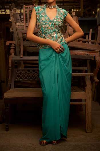 Hirika & Dhruti_Sky Blue Turquoise Embroidered Jacket And Draped Skirt Set For Kids_at_Aza_Fashions