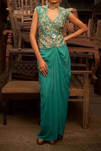 Buy_Hirika & Dhruti_Sky Blue Turquoise Embroidered Jacket And Draped Skirt Set For Kids_Online_at_Aza_Fashions