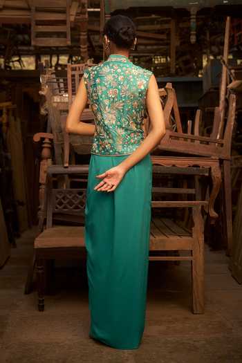 Hirika & Dhruti Turquoise Embroidered Jacket & Draped Skirt Set 