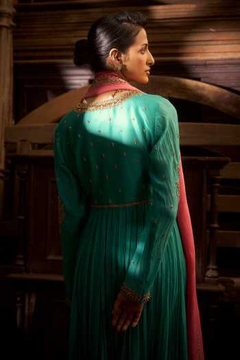 Hirika & Dhruti_Aqua Cotton, Organza, Chanderi, Lycra Embroidery Round Neck Marodi Angarkha Set _Online_at_Aza_Fashions
