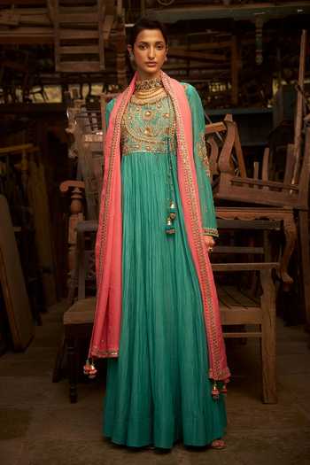 Buy_Hirika & Dhruti_Aqua Cotton, Organza, Chanderi, Lycra Embroidery Round Neck Marodi Angarkha Set _Online_at_Aza_Fashions