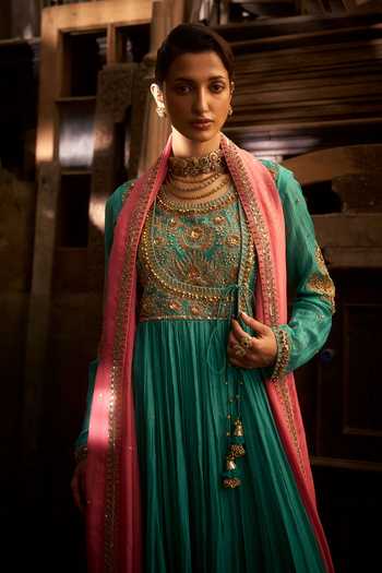 Shop_Hirika & Dhruti_Aqua Cotton, Organza, Chanderi, Lycra Embroidery Round Neck Marodi Angarkha Set _Online_at_Aza_Fashions