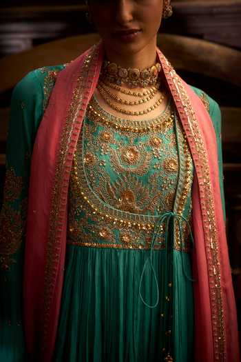 Hirika & Dhruti_Aqua Cotton, Organza, Chanderi, Lycra Embroidery Round Neck Marodi Angarkha Set _at_Aza_Fashions