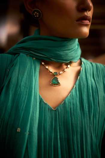 Shop_Hirika & Dhruti_Aqua Chanderi Embroidery V-neck Scattered Butti Anarkali Set _Online_at_Aza_Fashions