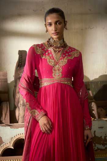 Hirika & Dhruti_Pink Georgette, Tissue Embroidery V-neck Anarkali And Dupatta Set _Online_at_Aza_Fashions