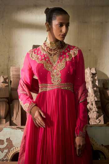 Buy_Hirika & Dhruti_Pink Georgette, Tissue Embroidery V-neck Anarkali And Dupatta Set _Online_at_Aza_Fashions