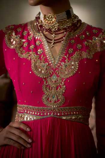 Shop_Hirika & Dhruti_Pink Georgette, Tissue Embroidery V-neck Anarkali And Dupatta Set _Online_at_Aza_Fashions