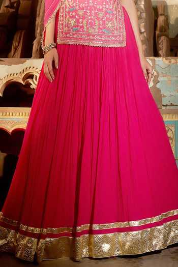 Hirika & Dhruti_Pink Chanderi, Silk, Organza Embroidery Round Neck Zardozi Kurta Lehenga Set _Online_at_Aza_Fashions