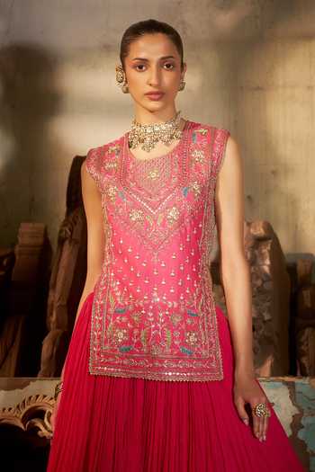 Buy_Hirika & Dhruti_Pink Chanderi, Silk, Organza Embroidery Round Neck Zardozi Kurta Lehenga Set _Online_at_Aza_Fashions