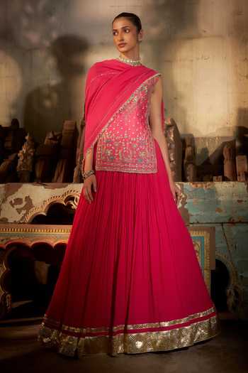 Hirika & Dhruti_Pink Chanderi, Silk, Organza Embroidery Round Neck Zardozi Kurta Lehenga Set _at_Aza_Fashions
