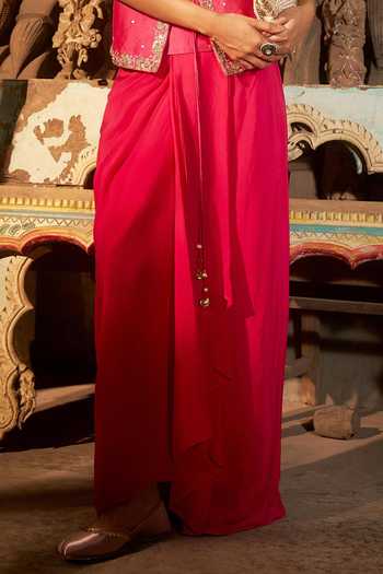 Hirika & Dhruti_Pink Silk, Chanderi, Crepe Embroidery Round Marodi Work Top And Draped Skirt Set _Online_at_Aza_Fashions