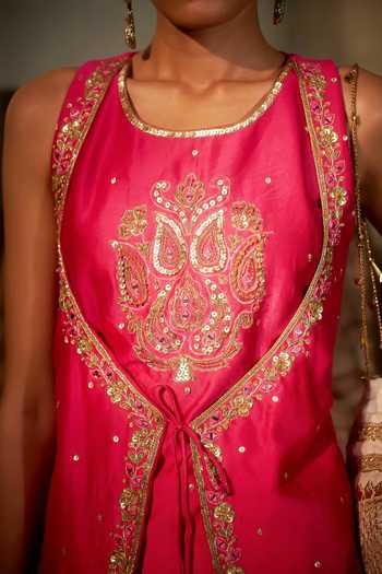 Buy_Hirika & Dhruti_Pink Silk, Chanderi, Crepe Embroidery Round Marodi Work Top And Draped Skirt Set _Online_at_Aza_Fashions