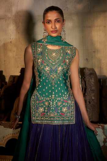 Buy_Hirika & Dhruti_Blue Chanderi, Silk, Organza Embroidery Mandarin Zardozi Work Kurta Lehenga Set _Online_at_Aza_Fashions