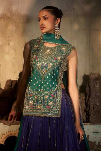 Shop_Hirika & Dhruti_Blue Chanderi, Silk, Organza Embroidery Mandarin Zardozi Work Kurta Lehenga Set _Online_at_Aza_Fashions