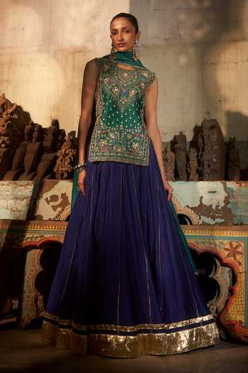 Hirika & Dhruti_Blue Chanderi, Silk, Organza Embroidery Mandarin Zardozi Work Kurta Lehenga Set _at_Aza_Fashions