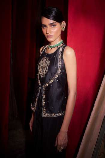 Hirika & Dhruti_Black Silk, Chanderi, Crepe Marodi Work Layered Top And Draped Skirt Set _Online_at_Aza_Fashions