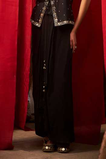 Buy_Hirika & Dhruti_Black Silk, Chanderi, Crepe Marodi Work Layered Top And Draped Skirt Set _Online_at_Aza_Fashions