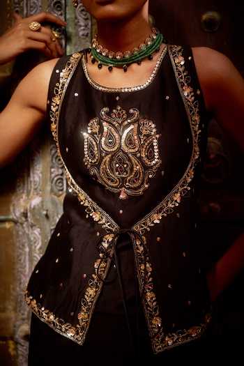 Shop_Hirika & Dhruti_Black Silk, Chanderi, Crepe Marodi Work Layered Top And Draped Skirt Set _Online_at_Aza_Fashions