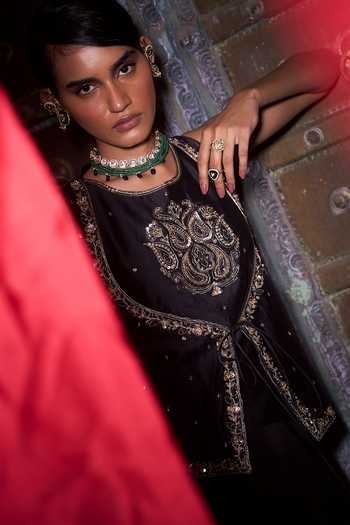 Hirika & Dhruti_Black Silk, Chanderi, Crepe Marodi Work Layered Top And Draped Skirt Set _at_Aza_Fashions