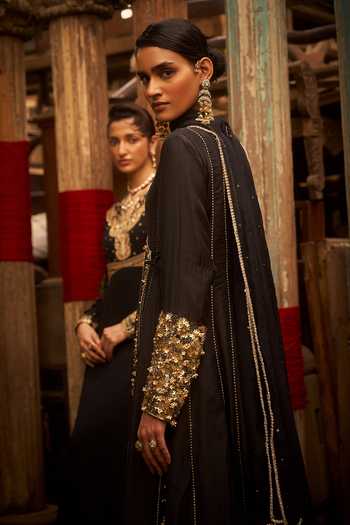 Hirika & Dhruti_Black Silk, Cotton, Lycra, Tissue Embroidery, Zari Hand Work Angarkha Set _Online_at_Aza_Fashions