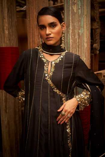 Buy_Hirika & Dhruti_Black Silk, Cotton, Lycra, Tissue Embroidery, Zari Hand Work Angarkha Set _Online_at_Aza_Fashions