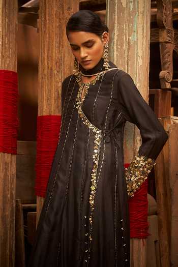 Shop_Hirika & Dhruti_Black Silk, Cotton, Lycra, Tissue Embroidery, Zari Hand Work Angarkha Set _Online_at_Aza_Fashions