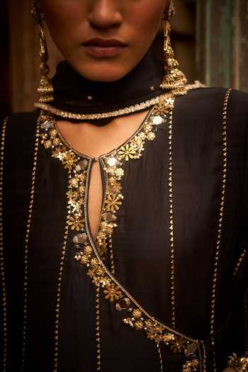 Hirika & Dhruti_Black Silk, Cotton, Lycra, Tissue Embroidery, Zari Hand Work Angarkha Set _at_Aza_Fashions