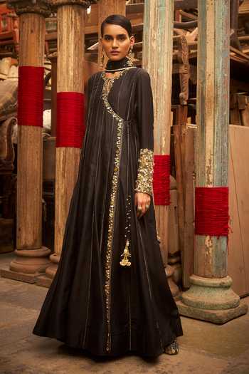 Buy_Hirika & Dhruti_Black Silk, Cotton, Lycra, Tissue Embroidery, Zari Hand Work Angarkha Set 