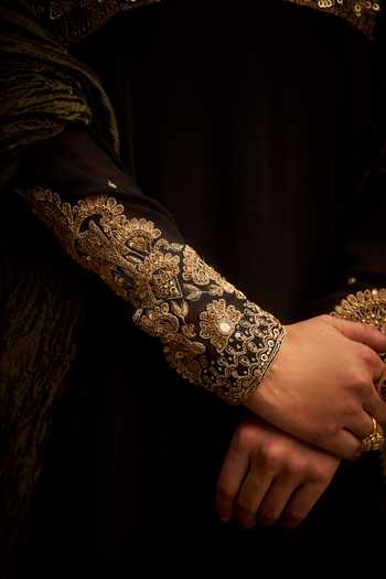 Hirika & Dhruti_Black Georgette, Tissue Embroidery V-neck Anarkali And Dupatta Set _Online_at_Aza_Fashions