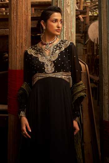 Buy_Hirika & Dhruti_Black Georgette, Tissue Embroidery V-neck Anarkali And Dupatta Set _Online_at_Aza_Fashions