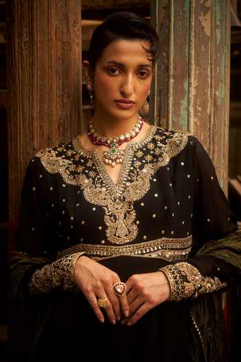 Shop_Hirika & Dhruti_Black Georgette, Tissue Embroidery V-neck Anarkali And Dupatta Set _Online_at_Aza_Fashions