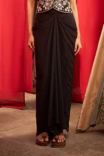 Hirika & Dhruti_Black Silk, Chanderi, Crepe Embroidery, Pearls V-neck Jacket And Draped Skirt Set _Online_at_Aza_Fashions
