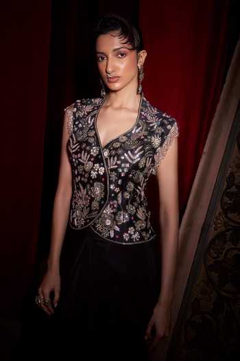 Buy_Hirika & Dhruti_Black Silk, Chanderi, Crepe Embroidery, Pearls V-neck Jacket And Draped Skirt Set _Online_at_Aza_Fashions