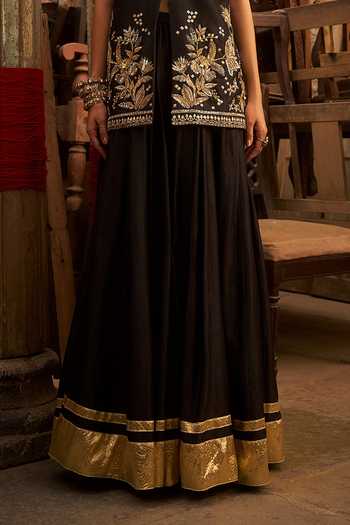 Hirika & Dhruti_Black Silk, Chanderi Embroidery, Gota Patti Hand Jacket And Kali Sharara Set _Online_at_Aza_Fashions