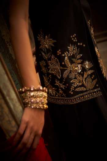 Buy_Hirika & Dhruti_Black Silk, Chanderi Embroidery, Gota Patti Hand Jacket And Kali Sharara Set _Online_at_Aza_Fashions