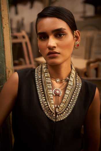 Hirika & Dhruti_Black Silk, Chanderi Embroidery, Gota Patti Hand Jacket And Kali Sharara Set _at_Aza_Fashions