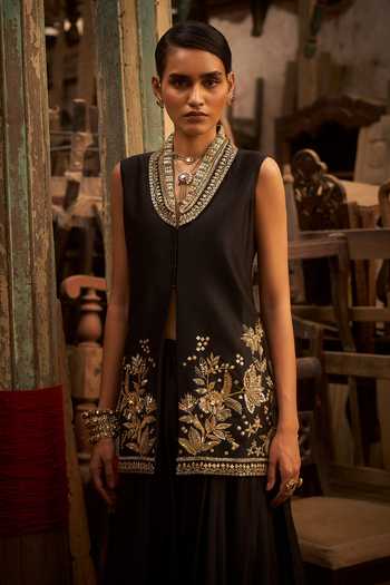 Buy_Hirika & Dhruti_Black Silk, Chanderi Embroidery, Gota Patti Hand Jacket And Kali Sharara Set 