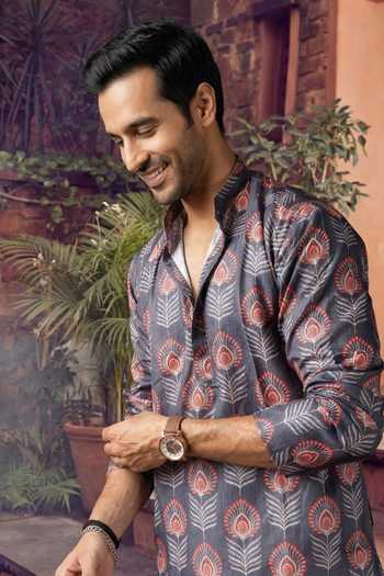 Jhambthreads_Grey Cotton, Silk Motif Print Kurta And Pyjama Set _Online_at_Aza_Fashions