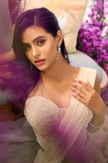 Shop_Aariyana Couture_Ivory Lycra, Net Tassels, Embroidery, Pre-draped Saree With Embellished Blouse 