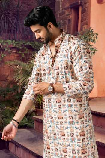 Jhambthreads Cream Silk, Cotton Motif Print Kurta And Pyjama Set Online at Aza Fashions Jhambthreads_Cream Silk, Cotton Motif Print Kurta And Pyjama Set _Online_at_Aza_Fashions