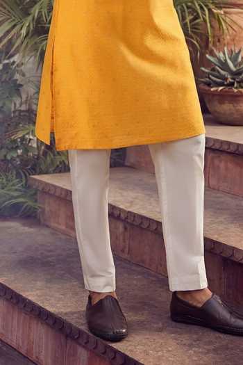 Jhambthreads_Yellow Silk, Jacquard Embroidery, Mirrors Kurta And Pant Set _Online_at_Aza_Fashions